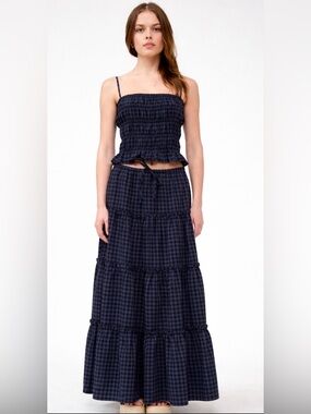 NWT Hey Babe Navy & Black Gingham Smocked Cami Top & Maxi Skirt Set Small